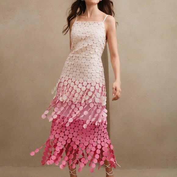 Pink Elegant Women's Round Tassel Hollow Out Embroidery High Waist Slip Dress - Picture 1 of 8